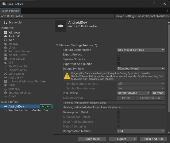 Unity Android Renderer Export Settings