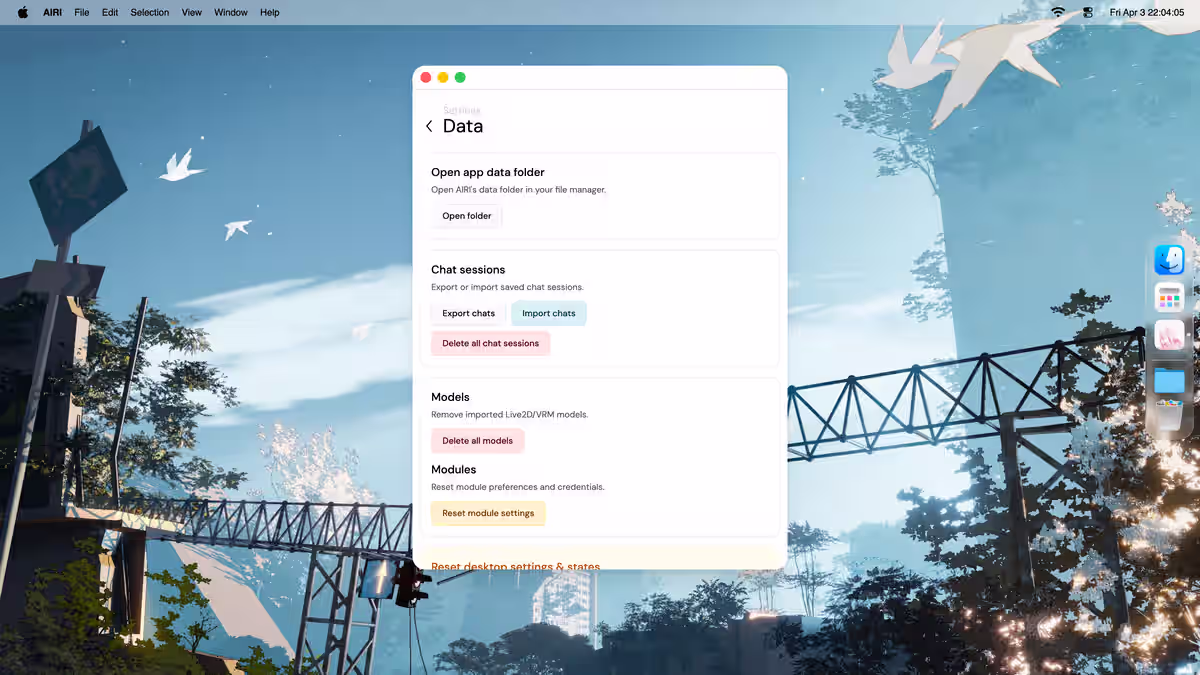 Airi data settings window