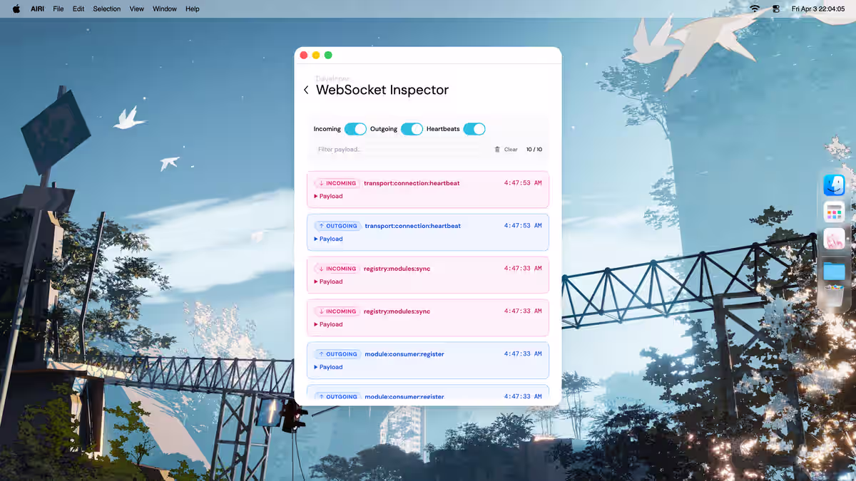 Airi WebSocket Inspector tool window