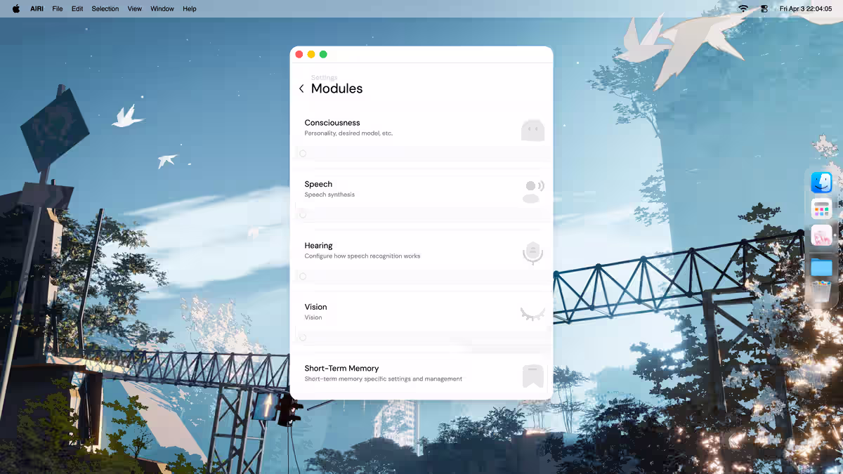Airi body modules settings window