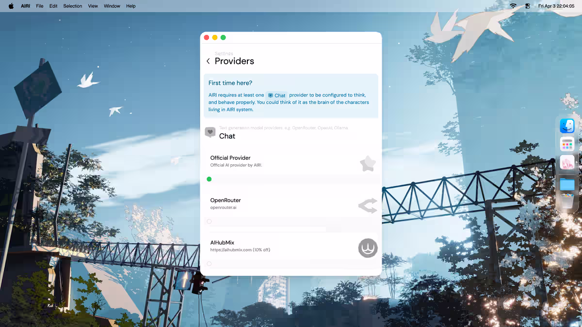 Airi service sources settings window