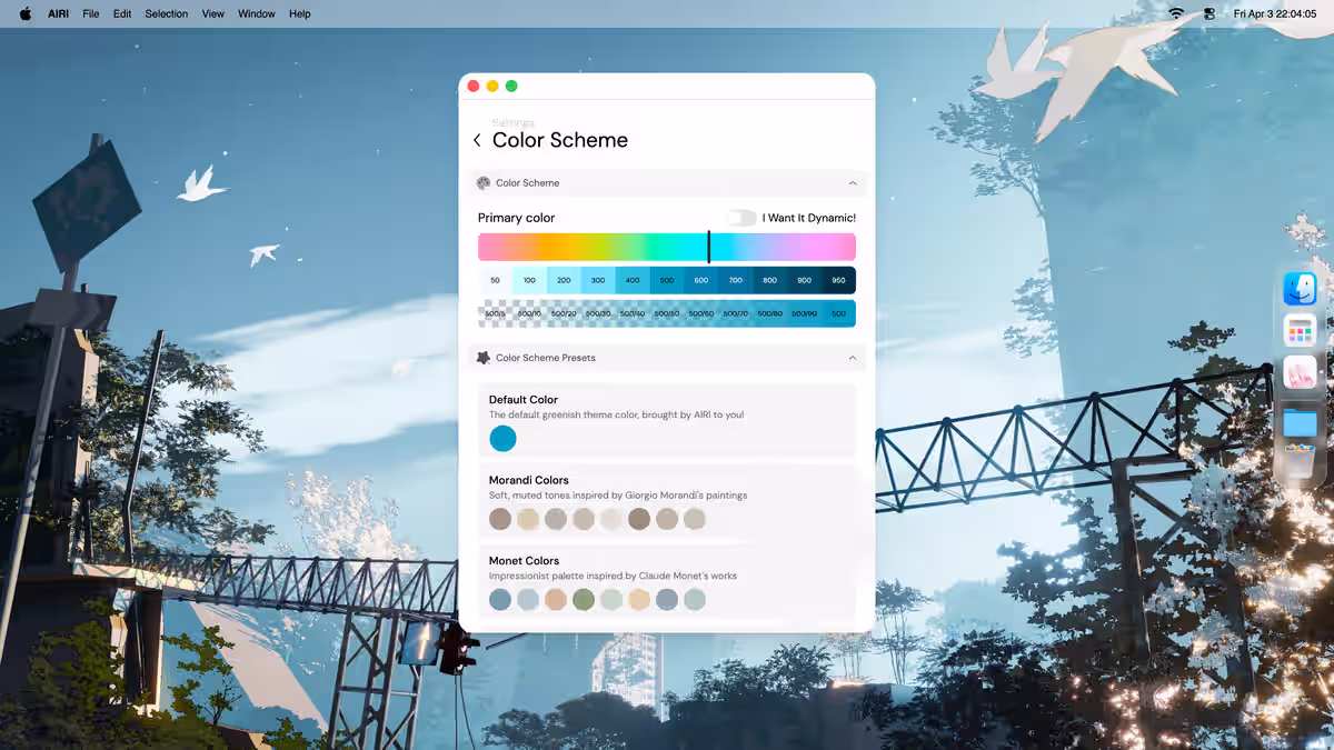 Airi color scheme settings window