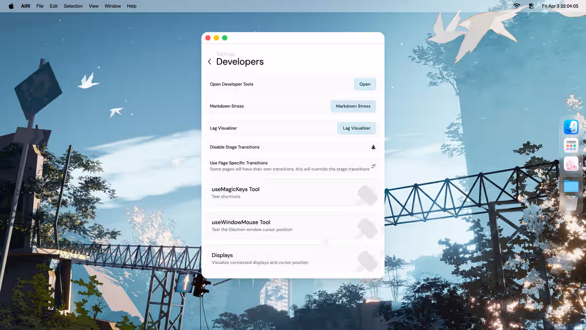 Airi developer settings window