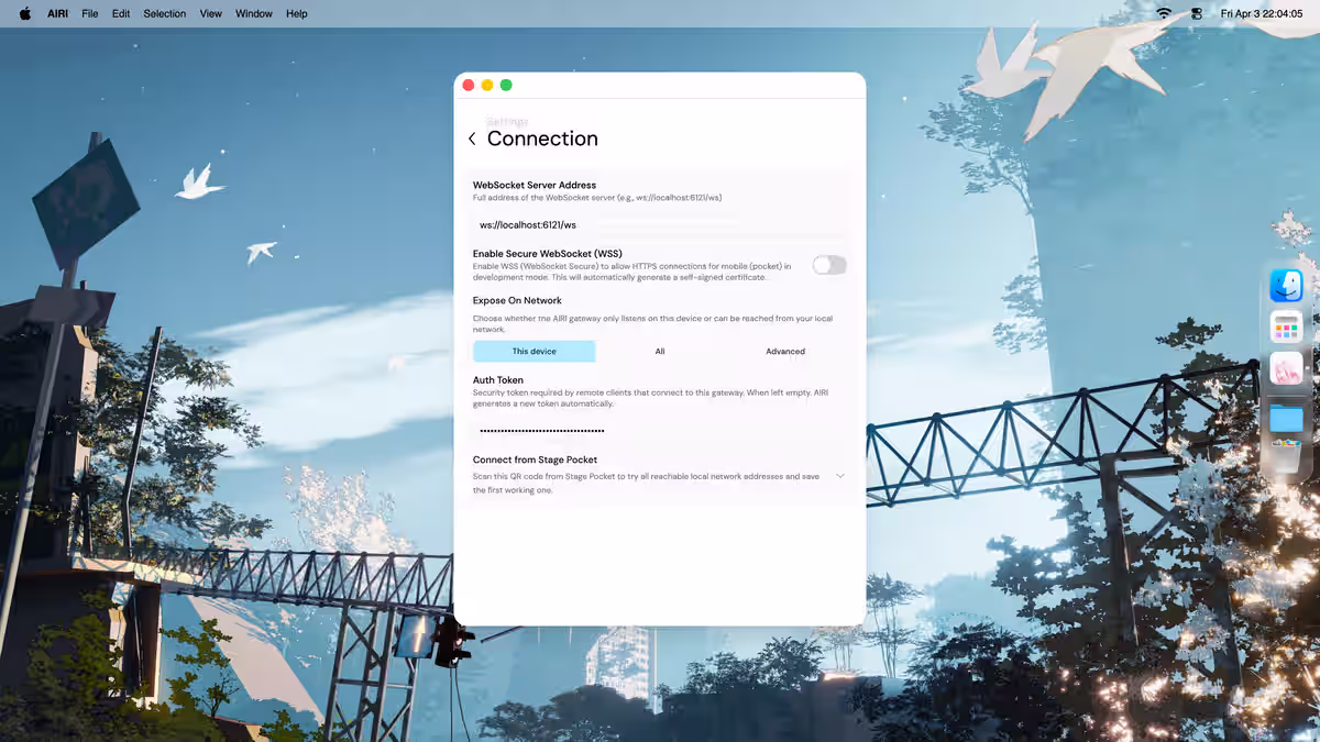 Airi connection settings window